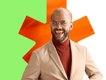 BDC employee in a dynamic pose on a green background and orange leaf